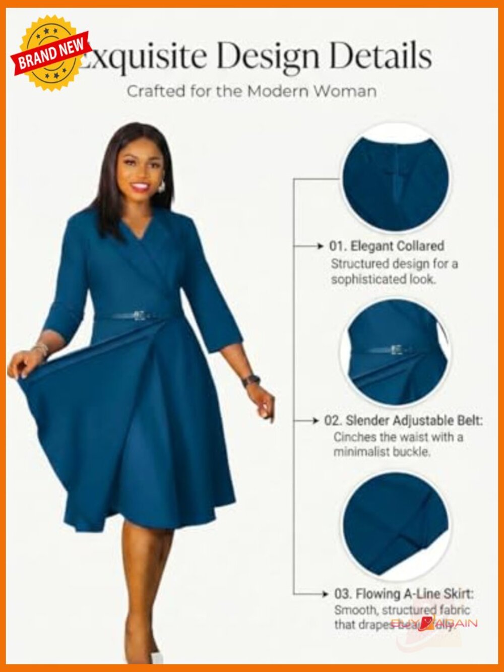 3/4 Sleeve A-Line Dress with Belt for Wedding Guest or Work - Picture 6 of 7